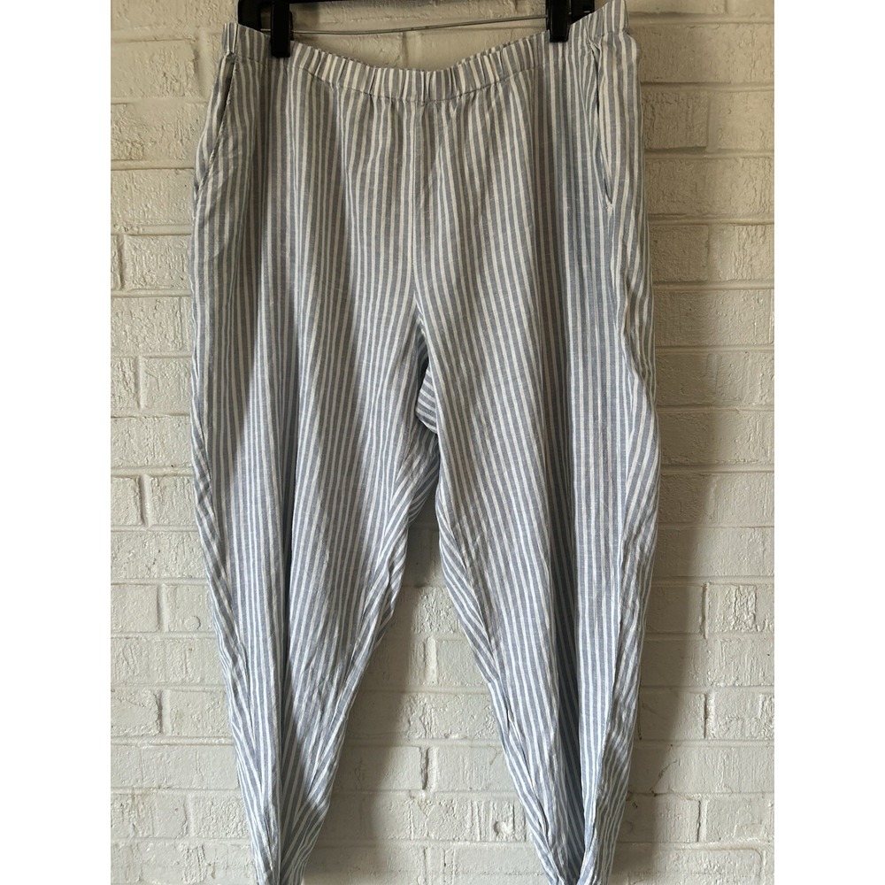 Eileen Fisher Women's Blue White Striped Hemp Organic Cotton Pull-On Pants XL - Picture 1 of 10